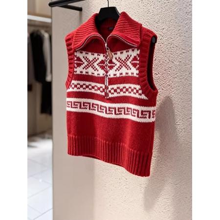 马甲新款今年流行爆款新年韩系减龄红色费尔岛无袖针织马夹女 服裝批發女裝批發服飾貨源