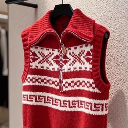 马甲新款今年流行爆款新年韩系减龄红色费尔岛无袖针织马夹女 服裝批發女裝批發服飾貨源