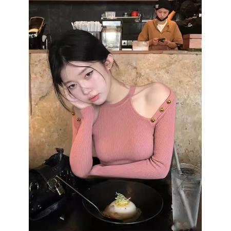 粉色舒适温柔性感露肩修身长袖女新款气质小众减龄名媛辣妹风上衣 服裝批發女裝批發服飾貨源