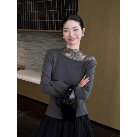 蕾丝拼接半高领灰色针织打底衫女秋冬轻奢高级感内搭气质绝美上衣 服裝批發女裝批發服飾貨源