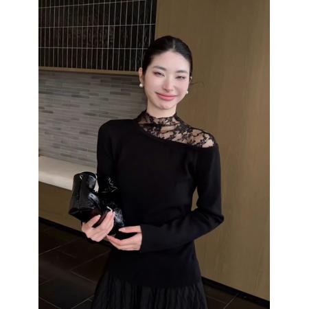 蕾丝拼接半高领灰色针织打底衫女秋冬轻奢高级感内搭气质绝美上衣 服裝批發女裝批發服飾貨源