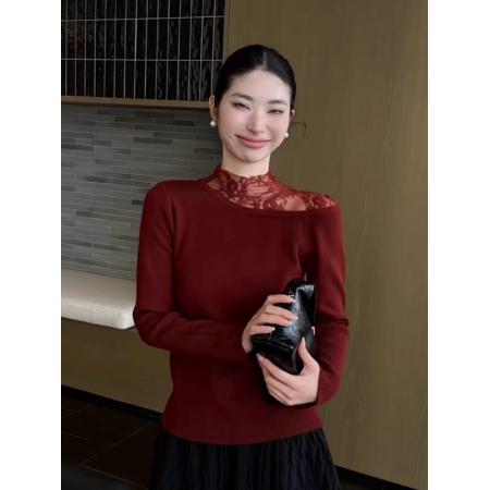 蕾丝拼接半高领灰色针织打底衫女秋冬轻奢高级感内搭气质绝美上衣 服裝批發女裝批發服飾貨源