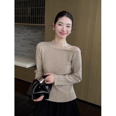 蕾丝拼接半高领灰色针织打底衫女秋冬轻奢高级感内搭气质绝美上衣 服裝批發女裝批發服飾貨源