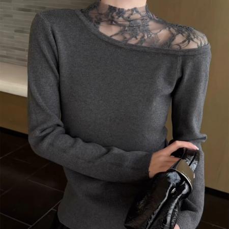 蕾丝拼接半高领灰色针织打底衫女秋冬轻奢高级感内搭气质绝美上衣 服裝批發女裝批發服飾貨源