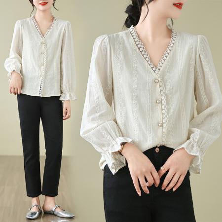 早春大码女装温柔风法式设计感百搭洋气质长袖衬衫 服裝批發女裝批發服飾貨源