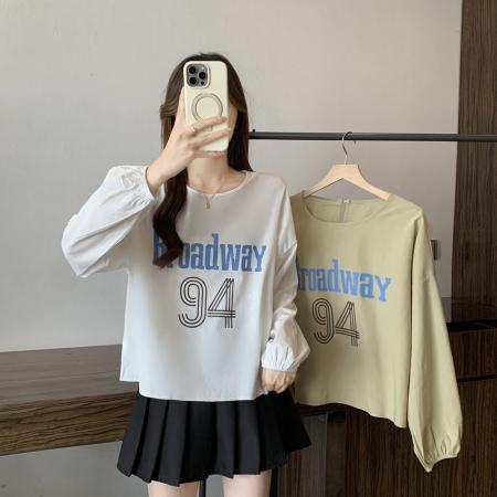 早春大码女装高级感字母印花长袖T恤衫套头罩衫 服裝批發女裝批發服飾貨源