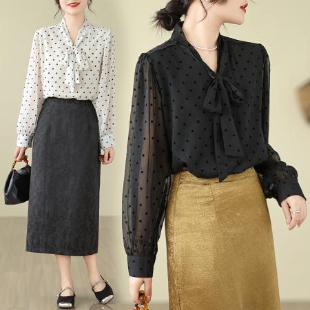早春波点大码衬衫蝴蝶结系带泡泡袖气质上衣M-4XL200斤 服裝批發女裝批發服飾貨源