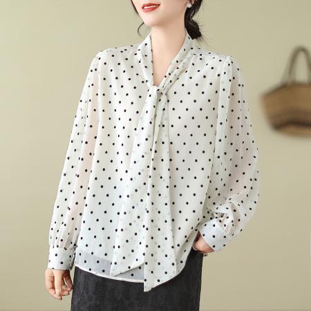 早春波点大码衬衫蝴蝶结系带泡泡袖气质上衣M-4XL200斤 服裝批發女裝批發服飾貨源
