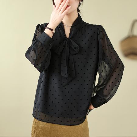 早春波点大码衬衫蝴蝶结系带泡泡袖气质上衣M-4XL200斤 服裝批發女裝批發服飾貨源