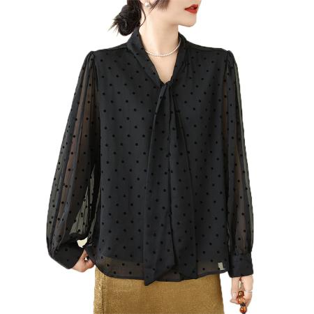 早春波点大码衬衫蝴蝶结系带泡泡袖气质上衣M-4XL200斤 服裝批發女裝批發服飾貨源