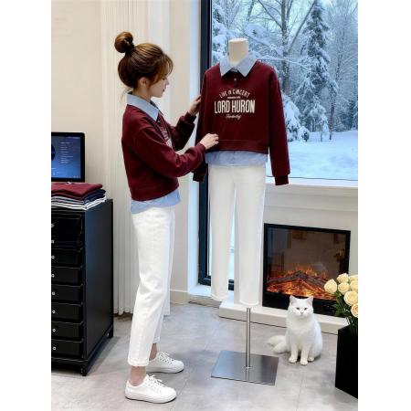 polo领假两件卫衣女春装新款设计感撞色翻领学院风上衣 服裝批發女裝批發服飾貨源