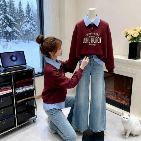 polo领假两件卫衣女春装新款设计感撞色翻领学院风上衣 服裝批發女裝批發服飾貨源