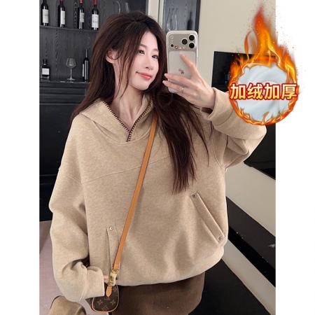 糯米绒复合真超加绒卫衣秋冬新款宽松连帽保暖上衣 服裝批發女裝批發服飾貨源