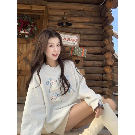 加绒卫衣秋冬潮新款宽松假两件刺绣花蝴蝶结圆领保暖上衣 服裝批發女裝批發服飾貨源