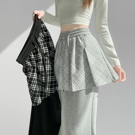 假两件屁帘微喇裤女春今年流行休闲裤设计感百褶拼接阔腿裤 服裝批發女裝批發服飾貨源