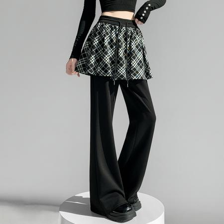 假两件屁帘微喇裤女春今年流行休闲裤设计感百褶拼接阔腿裤 服裝批發女裝批發服飾貨源