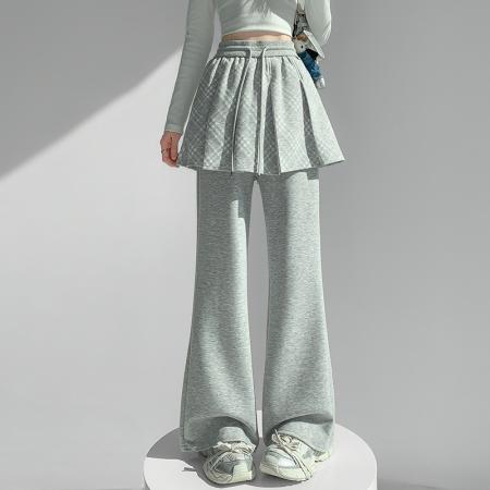 假两件屁帘微喇裤女春今年流行休闲裤设计感百褶拼接阔腿裤 服裝批發女裝批發服飾貨源