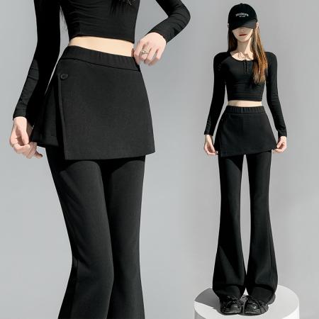 黑色微喇裤女春秋新款高腰显瘦假两件屁帘加长西装喇叭裤 服裝批發女裝批發服飾貨源