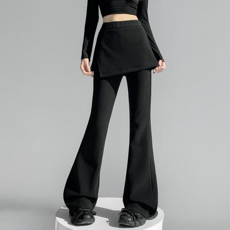 黑色微喇裤女春秋新款高腰显瘦假两件屁帘加长西装喇叭裤 服裝批發女裝批發服飾貨源