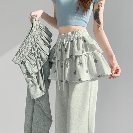韩系星星荷叶边拼接阔腿裤春季新款简约显瘦休闲微喇女 服裝批發女裝批發服飾貨源