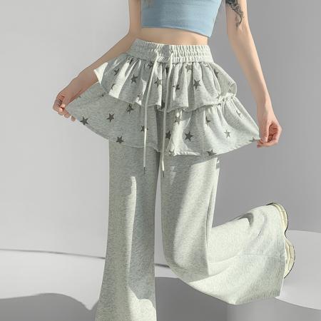 韩系星星荷叶边拼接阔腿裤春季新款简约显瘦休闲微喇女 服裝批發女裝批發服飾貨源