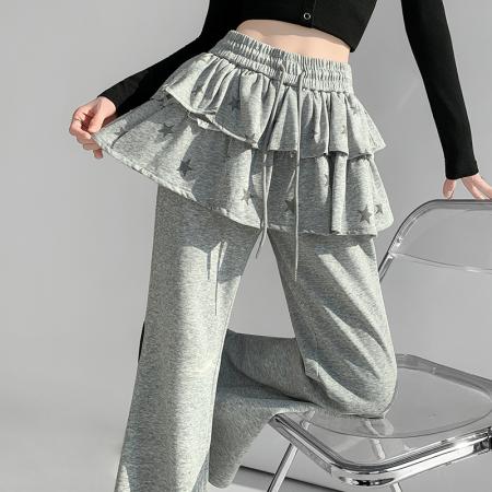 韩系星星荷叶边拼接阔腿裤春季新款简约显瘦休闲微喇女 服裝批發女裝批發服飾貨源