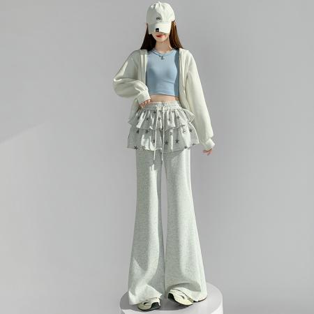 韩系星星荷叶边拼接阔腿裤春季新款简约显瘦休闲微喇女 服裝批發女裝批發服飾貨源