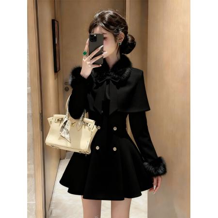 小香风黑色毛边领斗篷外套女秋季新款巨好看的轻奢收 服裝批發女裝批發服飾貨源