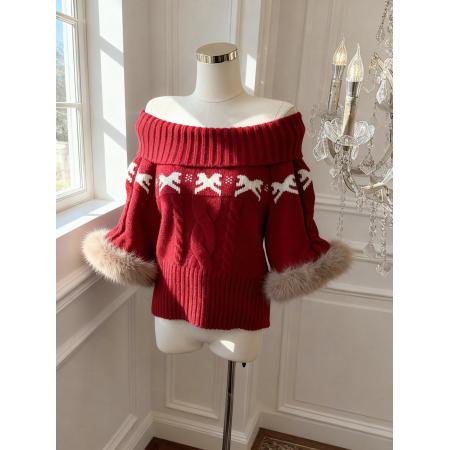 圣诞原创新年红毛衣秋冬氛围感显白毛衣一字肩毛领 服裝批發女裝批發服飾貨源