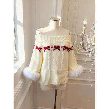 圣诞原创新年红毛衣秋冬氛围感显白毛衣一字肩毛领 服裝批發女裝批發服飾貨源