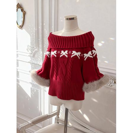 圣诞原创新年红毛衣秋冬氛围感显白毛衣一字肩毛领 服裝批發女裝批發服飾貨源