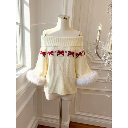 圣诞原创新年红毛衣秋冬氛围感显白毛衣一字肩毛领 服裝批發女裝批發服飾貨源