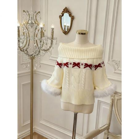 圣诞原创新年红毛衣秋冬氛围感显白毛衣一字肩毛领 服裝批發女裝批發服飾貨源