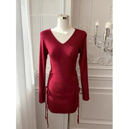 纯欲风V领长袖抽绳针织连衣裙女秋冬百搭修身显瘦短裙 服裝批發女裝批發服飾貨源