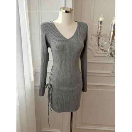 纯欲风V领长袖抽绳针织连衣裙女秋冬百搭修身显瘦短裙 服裝批發女裝批發服飾貨源