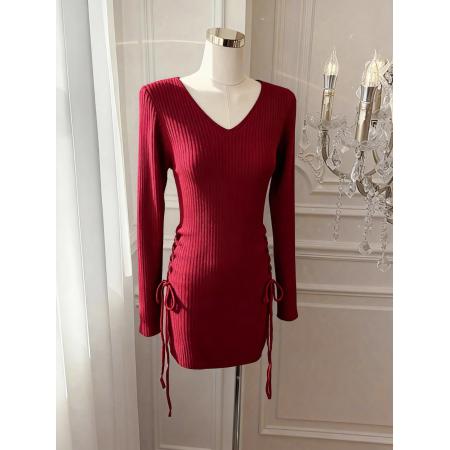 纯欲风V领长袖抽绳针织连衣裙女秋冬百搭修身显瘦短裙 服裝批發女裝批發服飾貨源