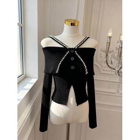 秋冬设计感露肩上衣韩系纯欲风手工钉珠重工针织衫 服裝批發女裝批發服飾貨源