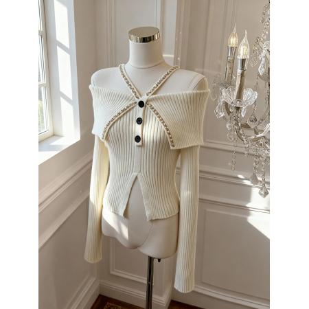 秋冬设计感露肩上衣韩系纯欲风手工钉珠重工针织衫 服裝批發女裝批發服飾貨源