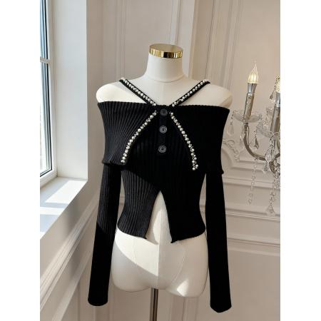 秋冬设计感露肩上衣韩系纯欲风手工钉珠重工针织衫 服裝批發女裝批發服飾貨源