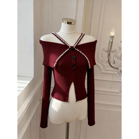 秋冬设计感露肩上衣韩系纯欲风手工钉珠重工针织衫 服裝批發女裝批發服飾貨源