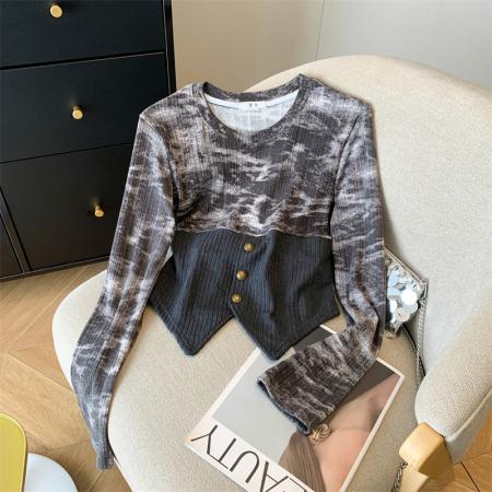 拼接不规则修身上衣潮流扎染收腰针织衫女 服裝批發女裝批發服飾貨源