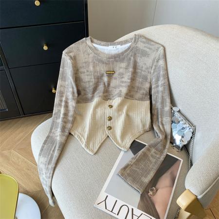 拼接不规则修身上衣潮流扎染收腰针织衫女 服裝批發女裝批發服飾貨源