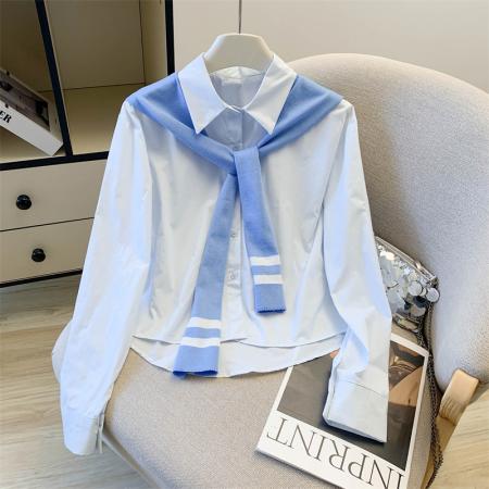 polo领休闲百搭新款披肩纯棉衬衫法式别致长袖上衣两件套 服裝批發女裝批發服飾貨源