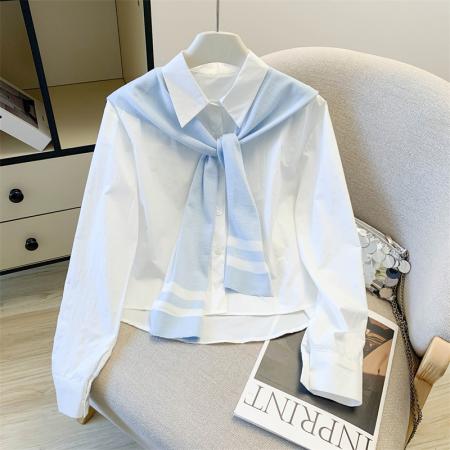 polo领休闲百搭新款披肩纯棉衬衫法式别致长袖上衣两件套 服裝批發女裝批發服飾貨源