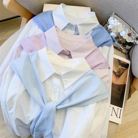 polo领休闲百搭新款披肩纯棉衬衫法式别致长袖上衣两件套 服裝批發女裝批發服飾貨源