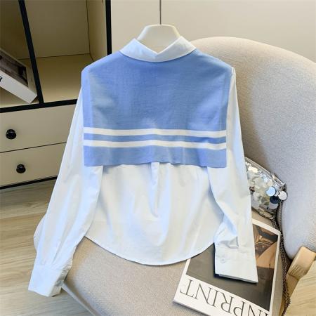 polo领休闲百搭新款披肩纯棉衬衫法式别致长袖上衣两件套 服裝批發女裝批發服飾貨源