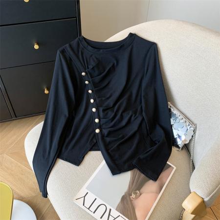 不规则开叉上衣女百搭显瘦褶皱长袖T恤 服裝批發女裝批發服飾貨源