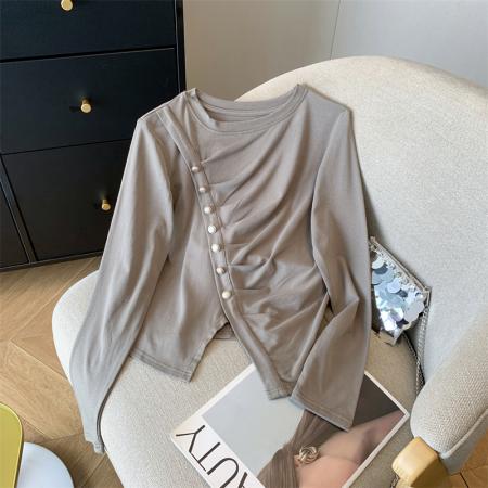 不规则开叉上衣女百搭显瘦褶皱长袖T恤 服裝批發女裝批發服飾貨源