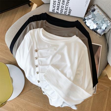 不规则开叉上衣女百搭显瘦褶皱长袖T恤 服裝批發女裝批發服飾貨源