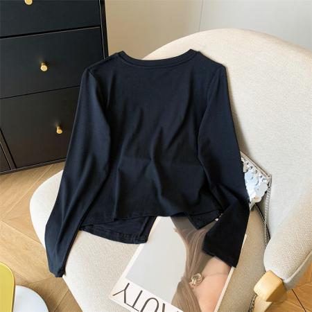 不规则开叉上衣女百搭显瘦褶皱长袖T恤 服裝批發女裝批發服飾貨源